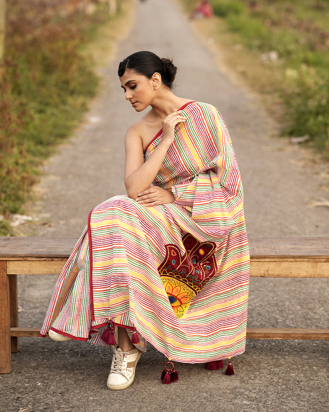 Hamsa Appliqué work Multicolour Stripe Block Printed Saree