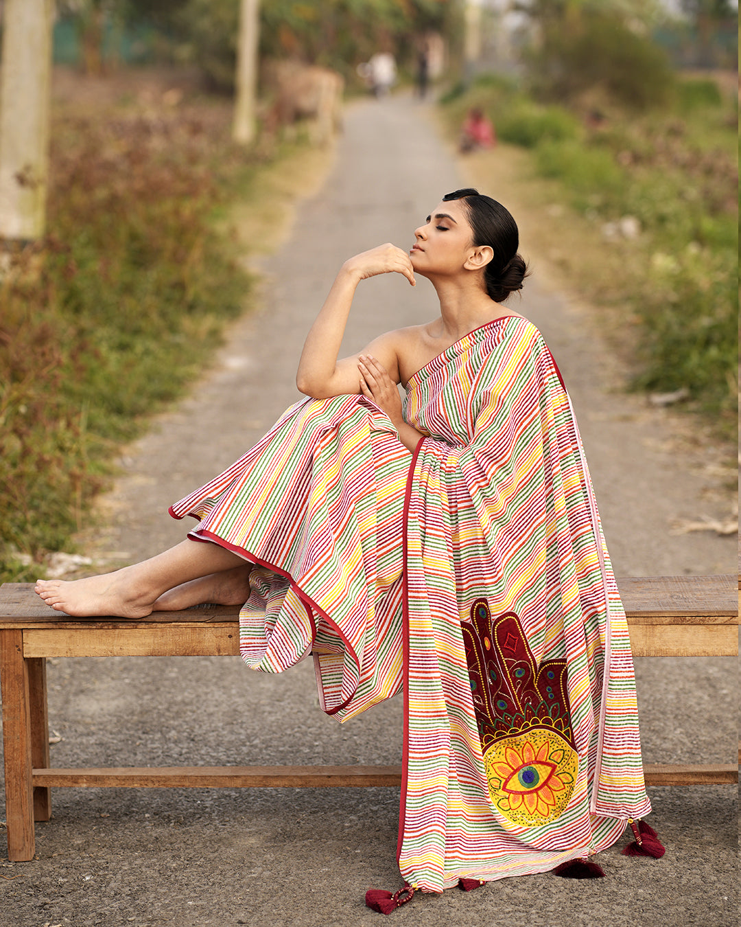 Hamsa Appliqué work Multicolour Stripe Block Printed Saree
