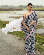 Polka Dots with Pink Flower Block Printed Saree