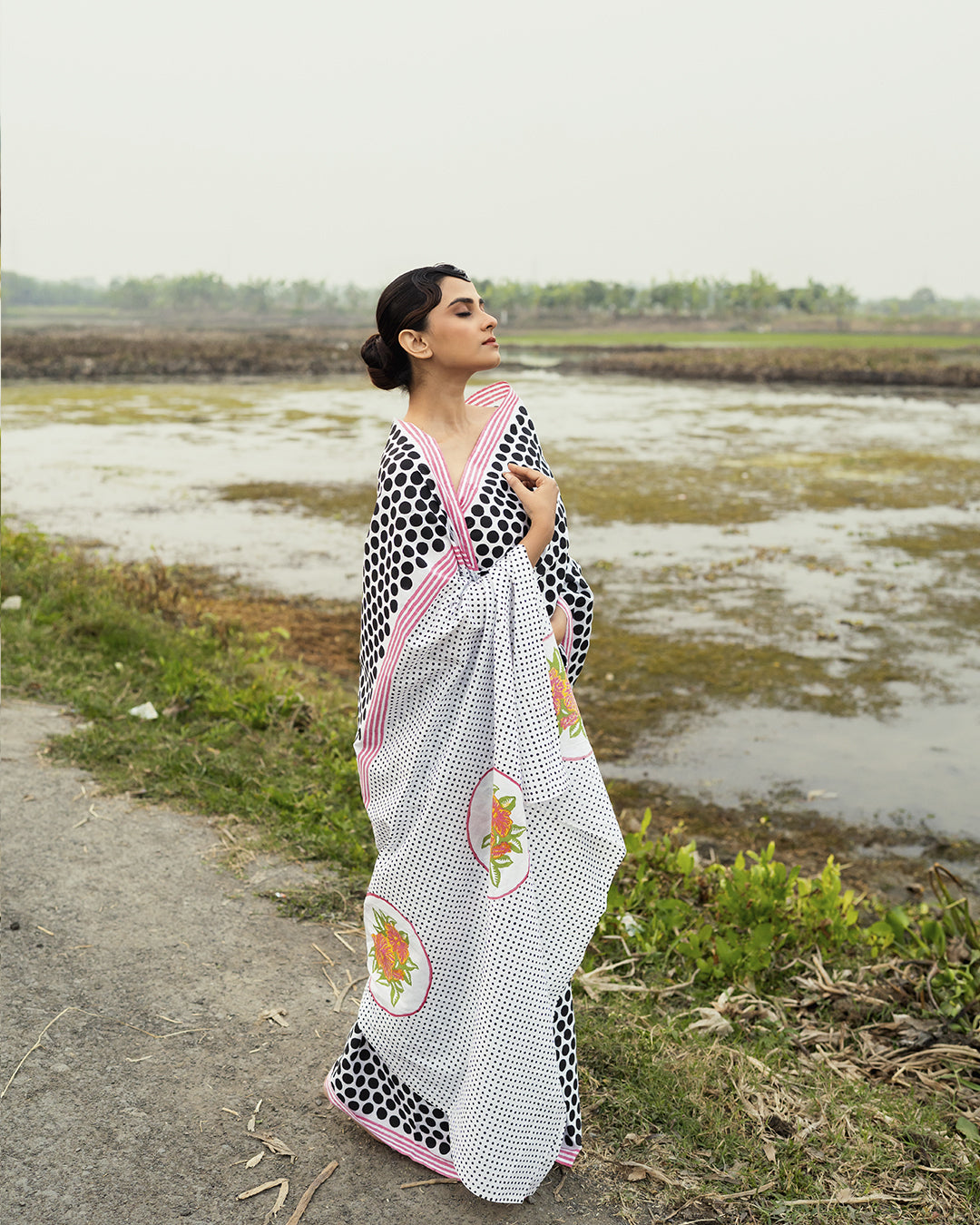 Polka Dots with Pink Flower Block Printed Saree