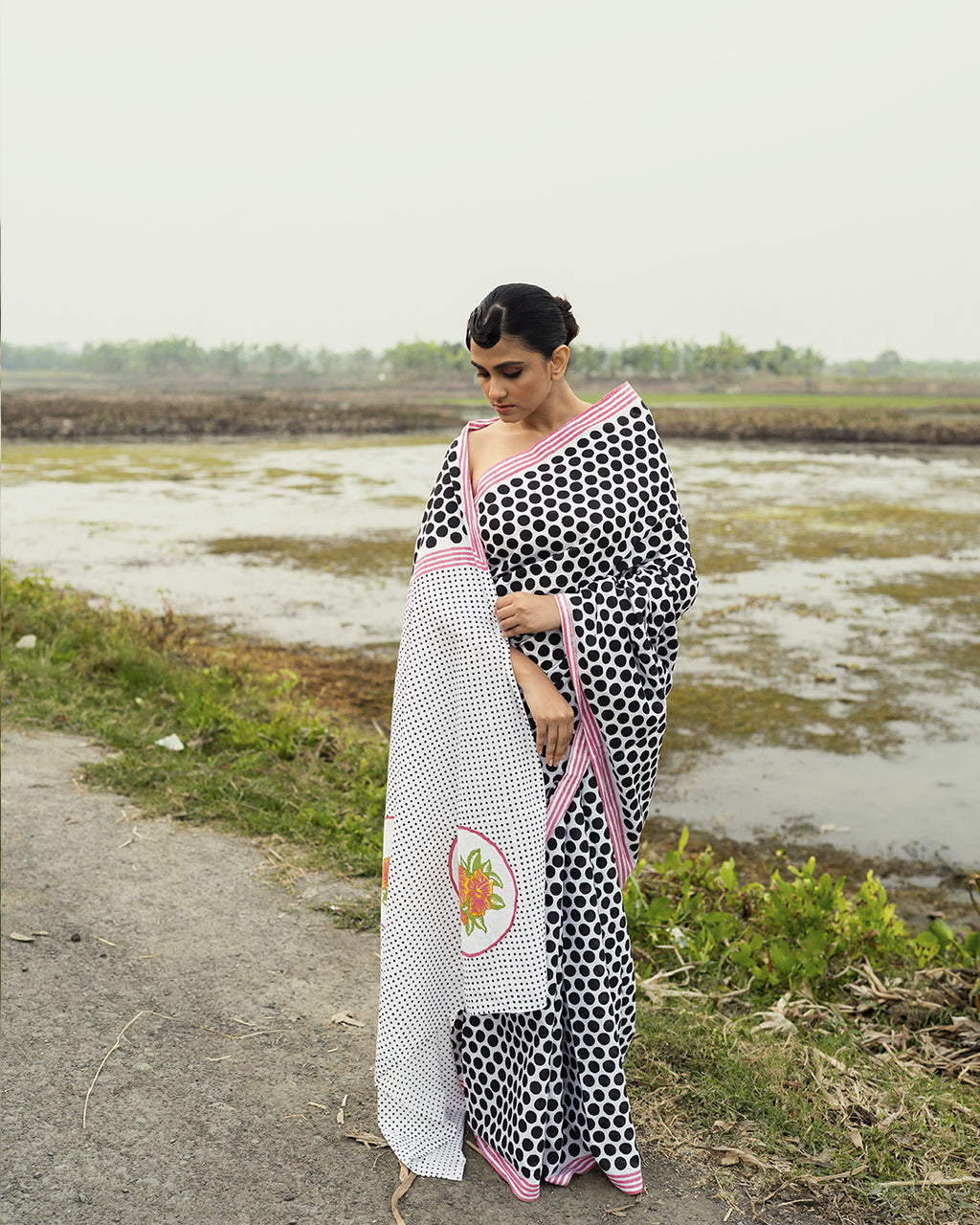 Polka Dots with Pink Flower Block Printed Saree