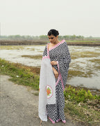 Polka Dots with Pink Flower Block Printed Saree