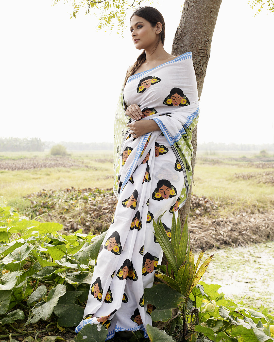 Flower Girl Block Printed Saree - Blue Border