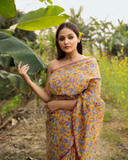 Floral Kalamkari Block Printed Saree (Mustard)