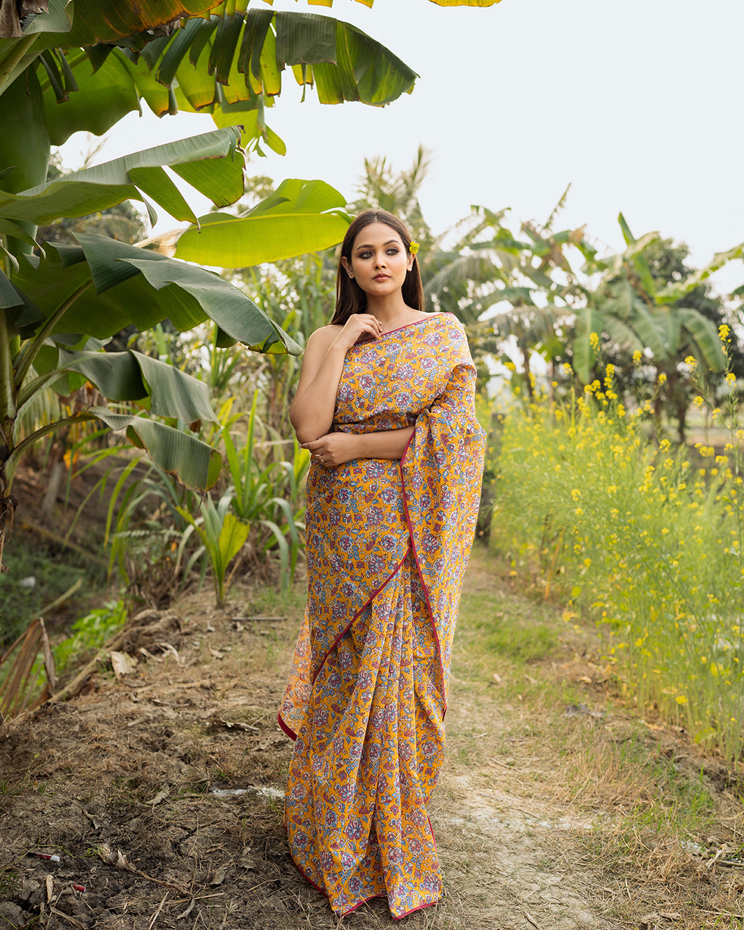 Floral Kalamkari Block Printed Saree (Mustard)