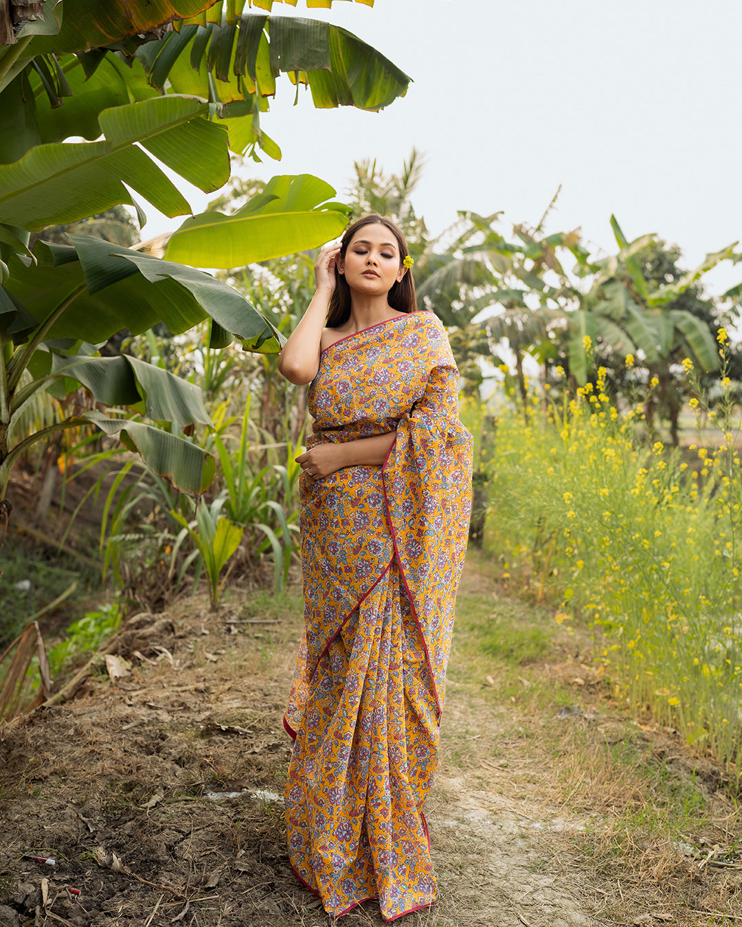 Floral Kalamkari Block Printed Saree (Mustard)
