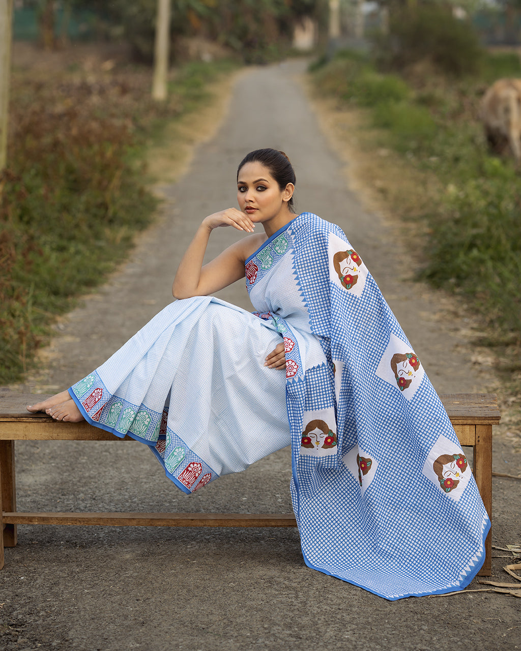 Girl in Khirki Checks Block Printed Saree