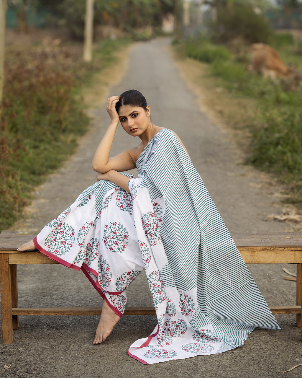 Stripes with Floral Jaal Block Printed Saree