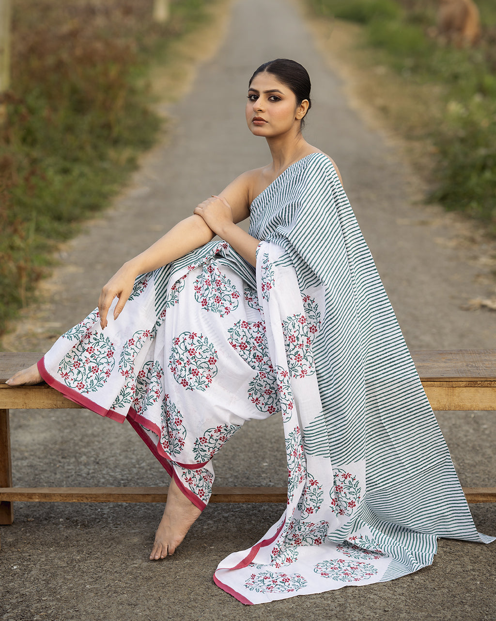 Stripes with Floral Jaal Block Printed Saree