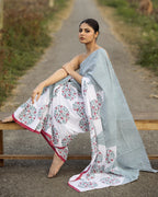 Stripes with Floral Jaal Block Printed Saree