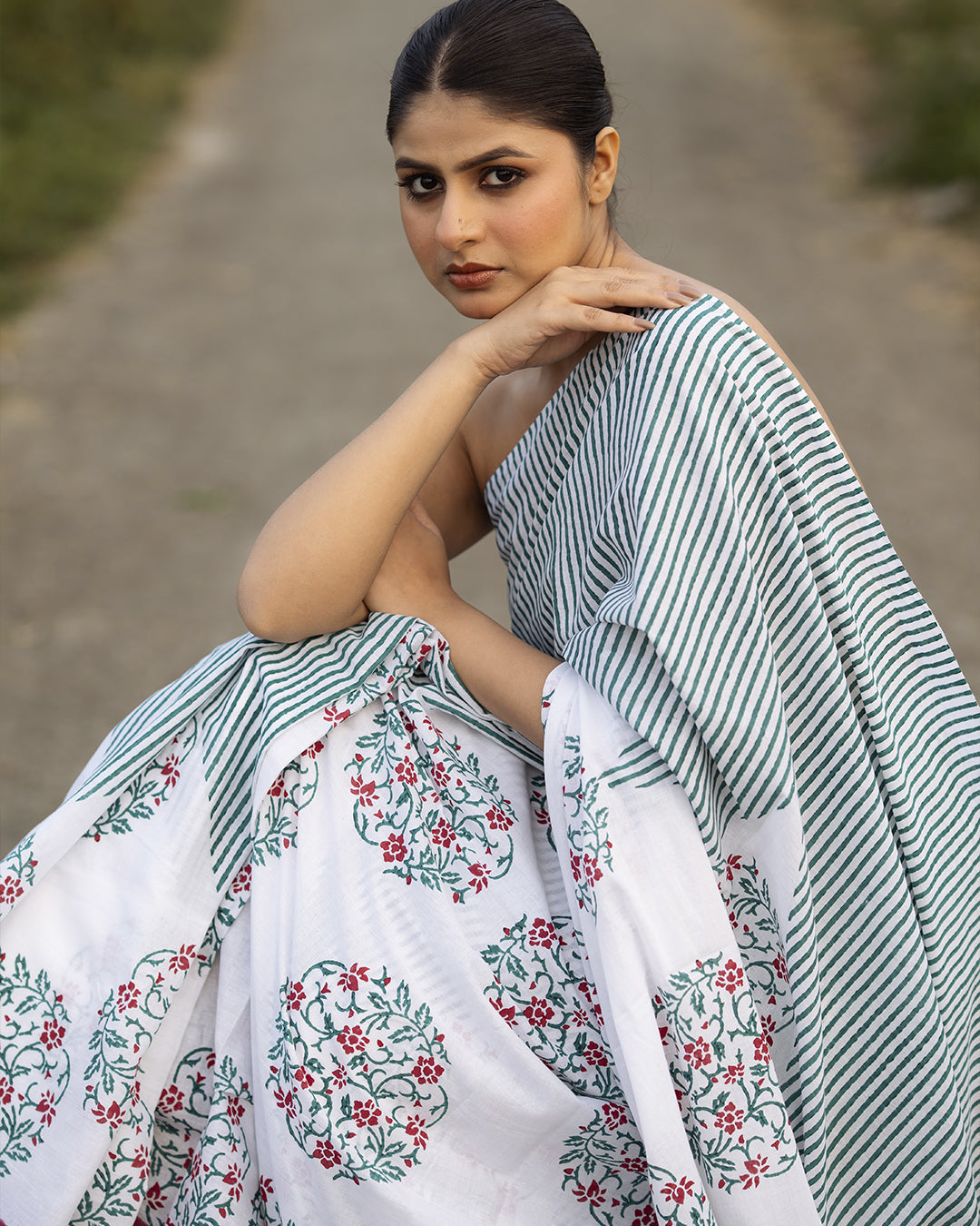 Stripes with Floral Jaal Block Printed Saree