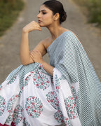 Stripes with Floral Jaal Block Printed Saree
