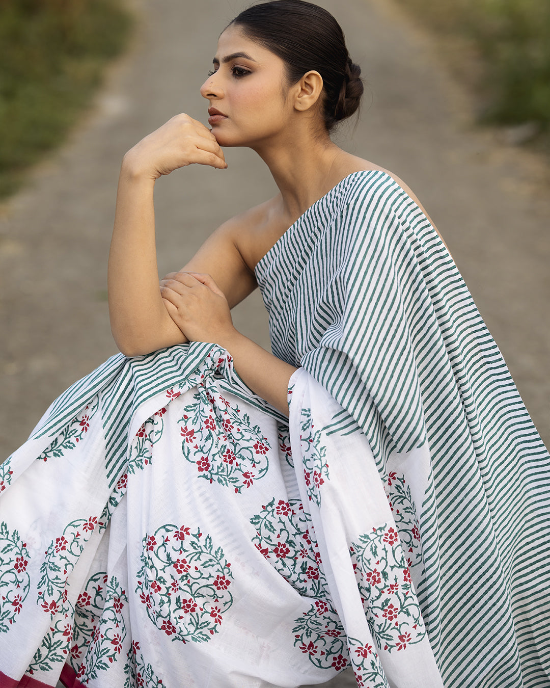Stripes with Floral Jaal Block Printed Saree