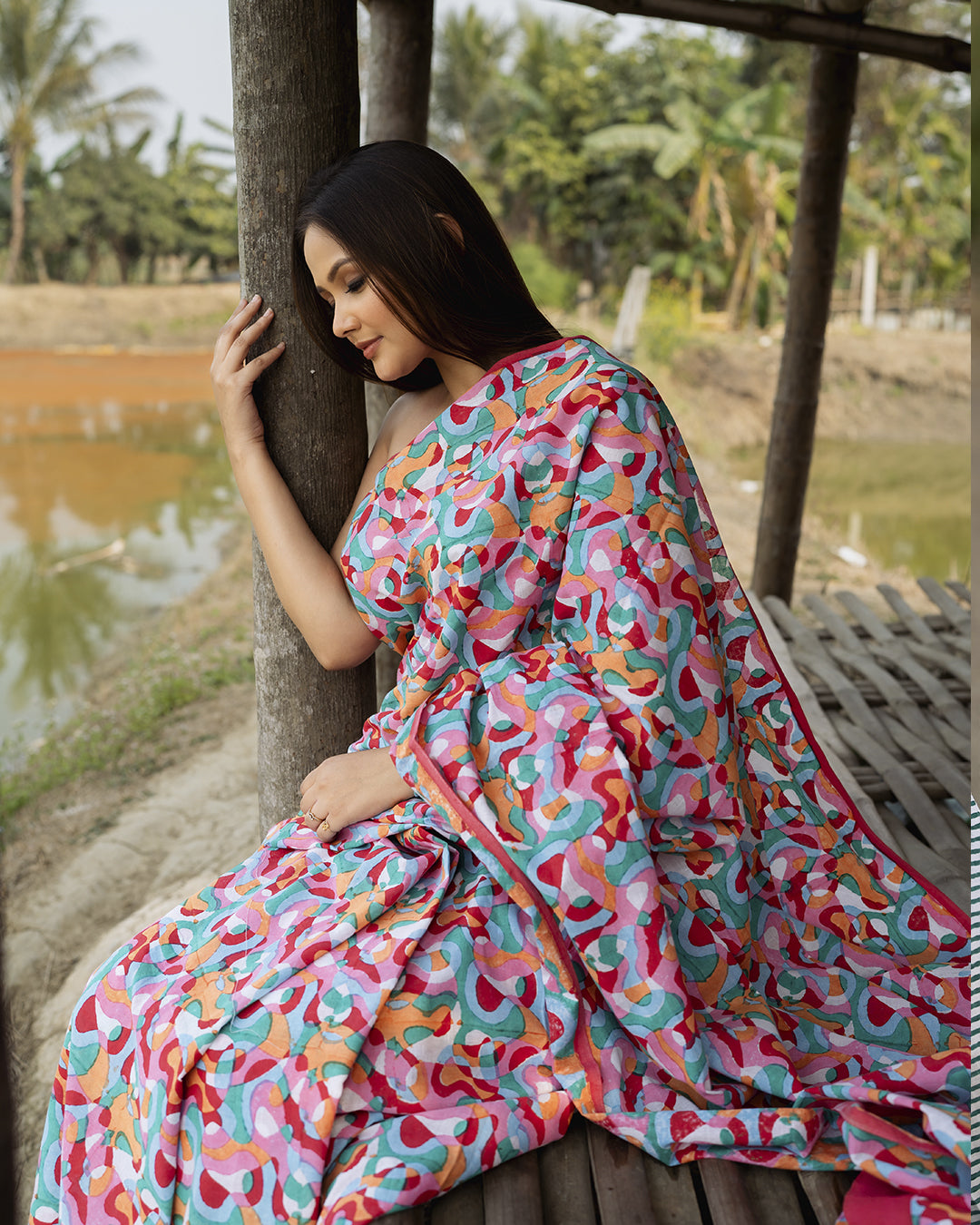 Abstract Pattern Multicolour Block Printed Saree
