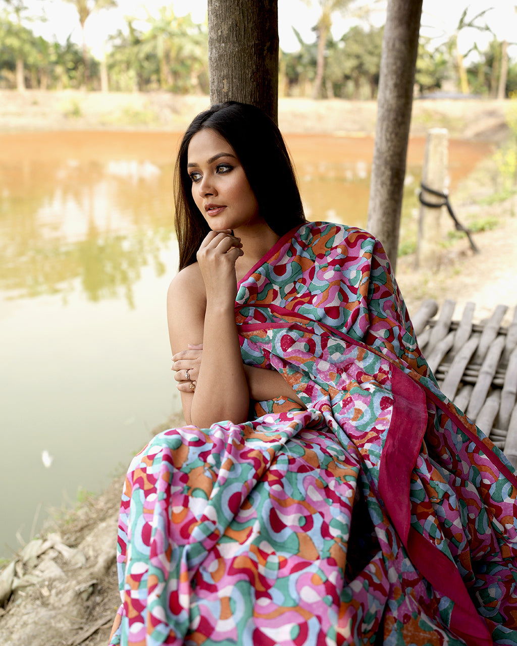 Abstract Pattern Multicolour Block Printed Saree