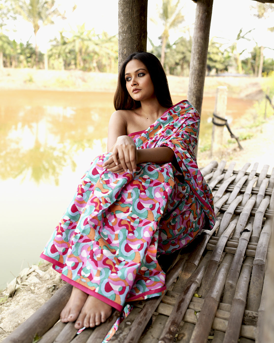 Abstract Pattern Multicolour Block Printed Saree