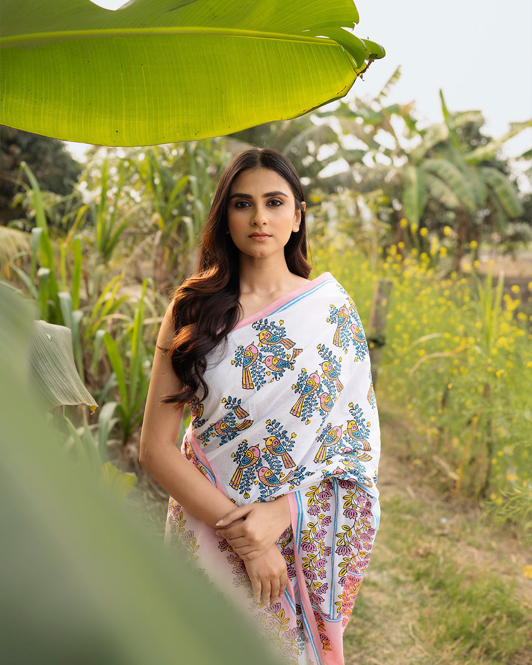 Birds and Flower Block Printed Saree