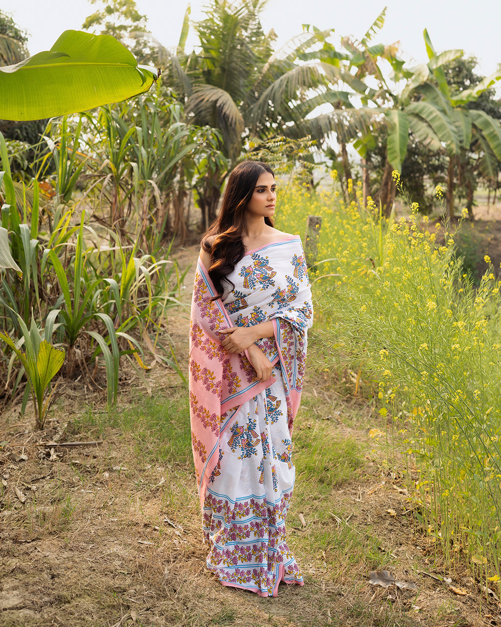 Birds and Flower Block Printed Saree