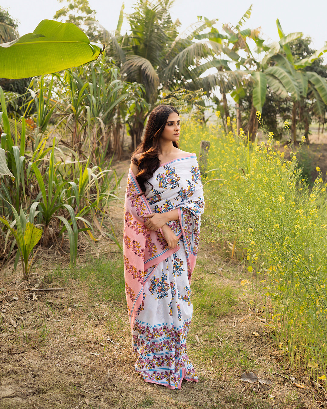 Birds and Flower Block Printed Saree