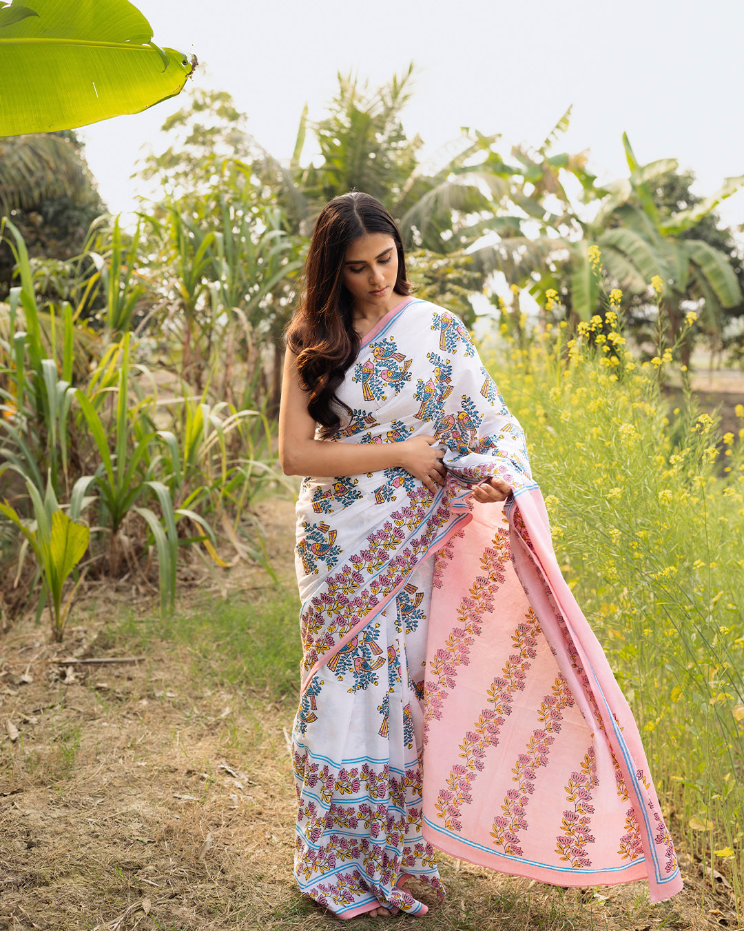 Birds and Flower Block Printed Saree