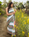Pink and Green Mughal Motif Block Printed Saree