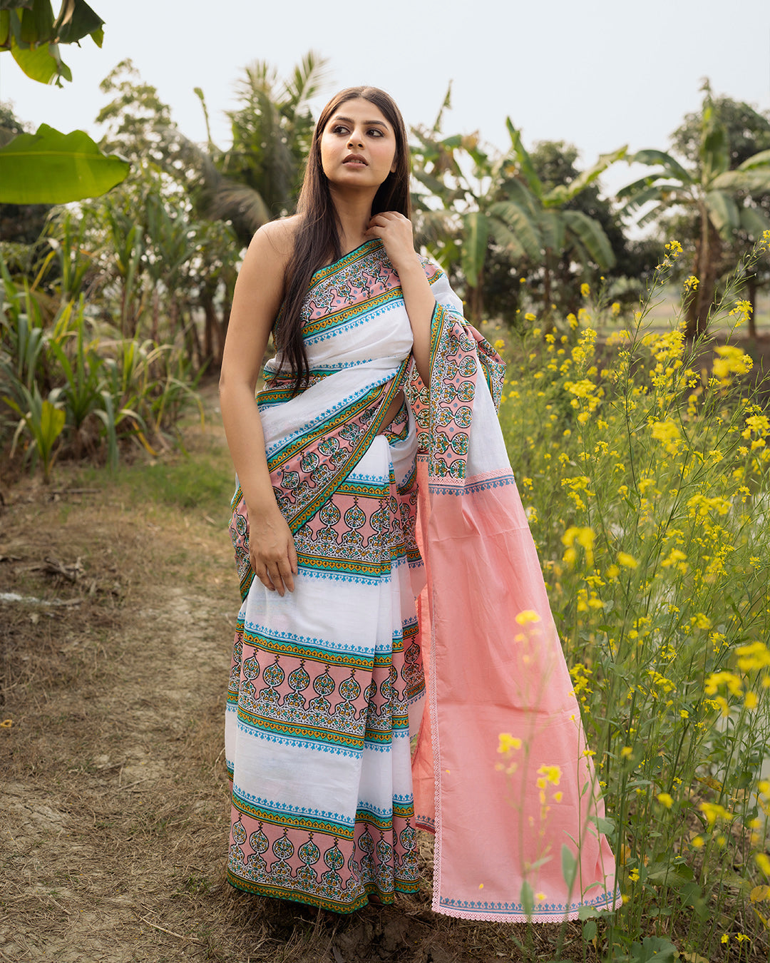 Pink and Green Mughal Motif Block Printed Saree