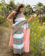 Pink and Green Mughal Motif Block Printed Saree