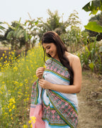 Pink and Green Mughal Motif Block Printed Saree