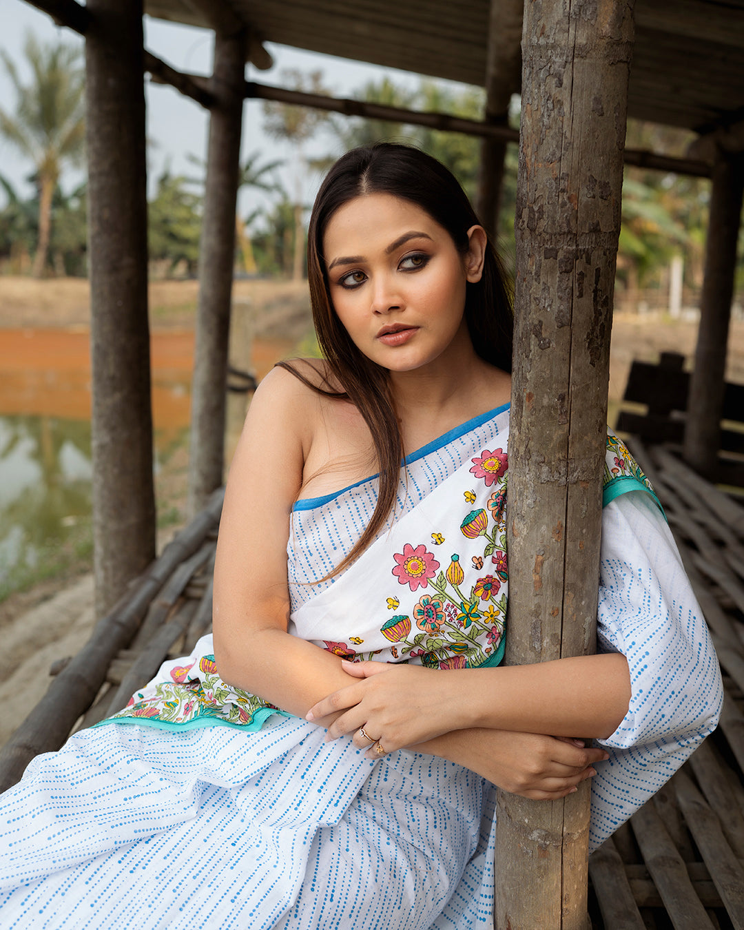 Drops and Flower Block Printed Saree