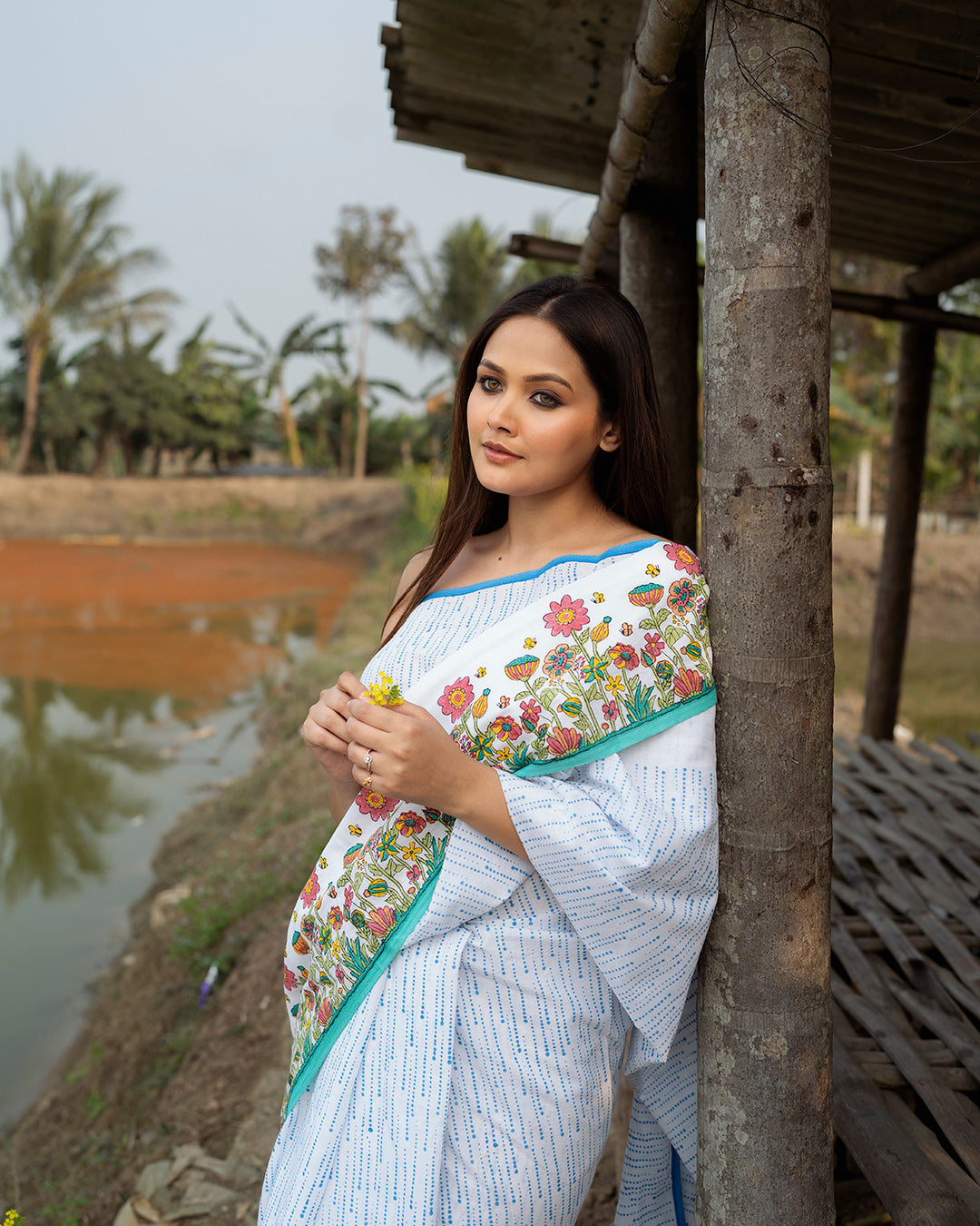 Drops and Flower Block Printed Saree