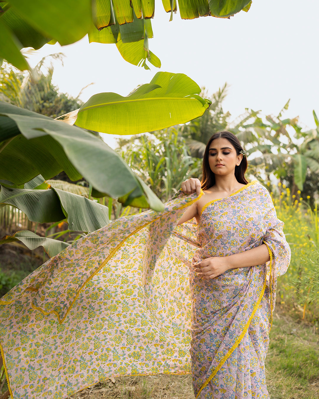 Floral Kalamkari Block Printed Saree (Pink)