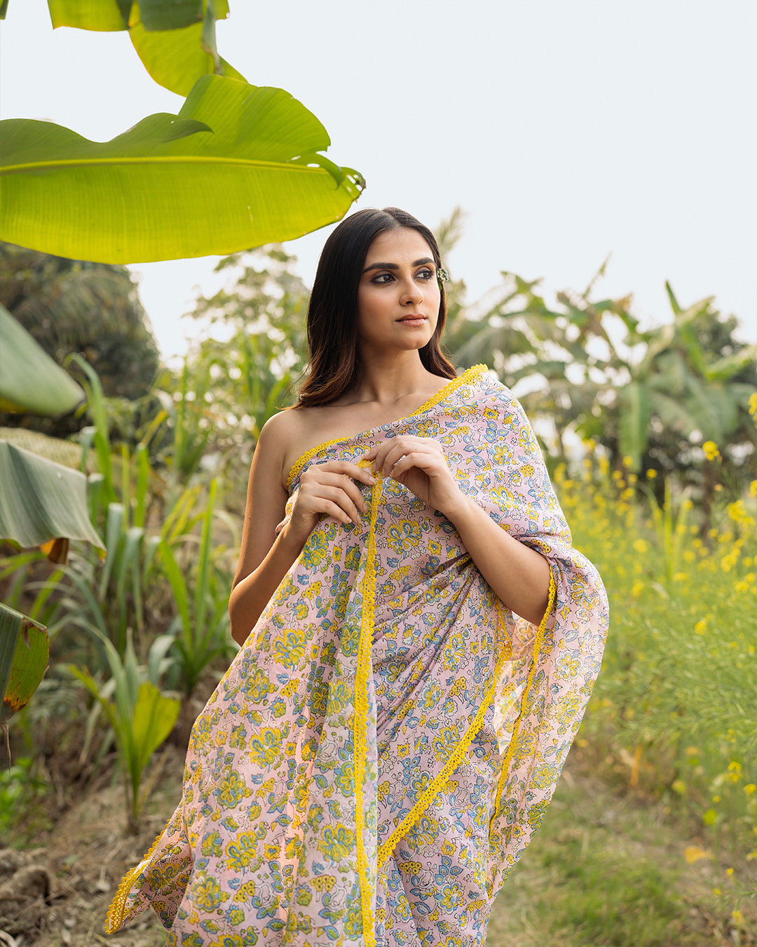 Floral Kalamkari Block Printed Saree (Pink)