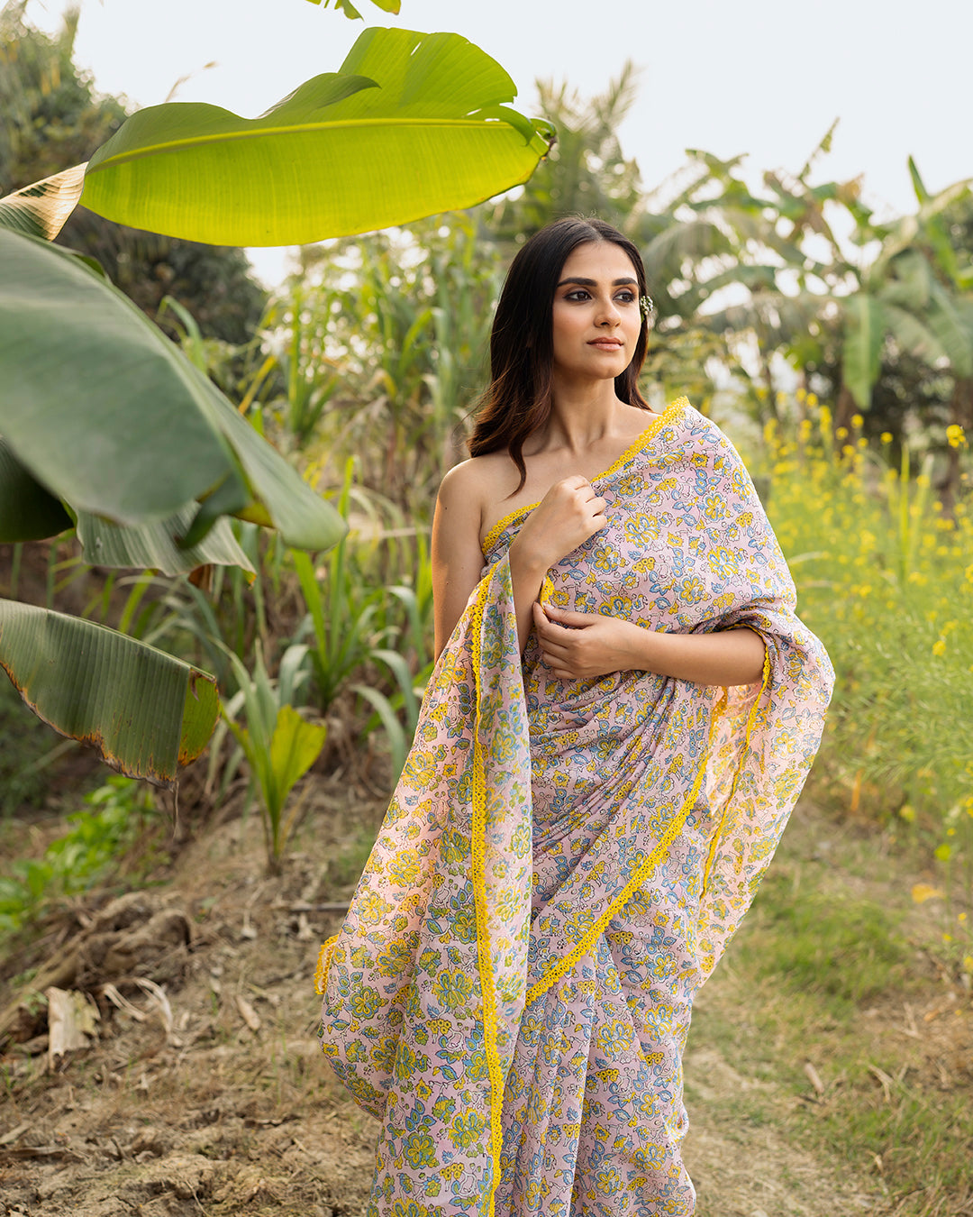 Floral Kalamkari Block Printed Saree (Pink)
