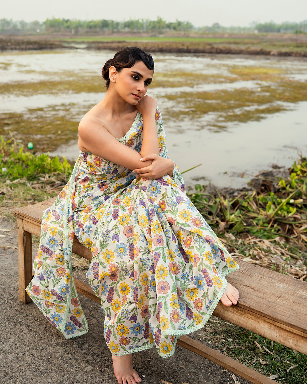 Summer Pastel Flower Block Printed Saree (Multicolour)