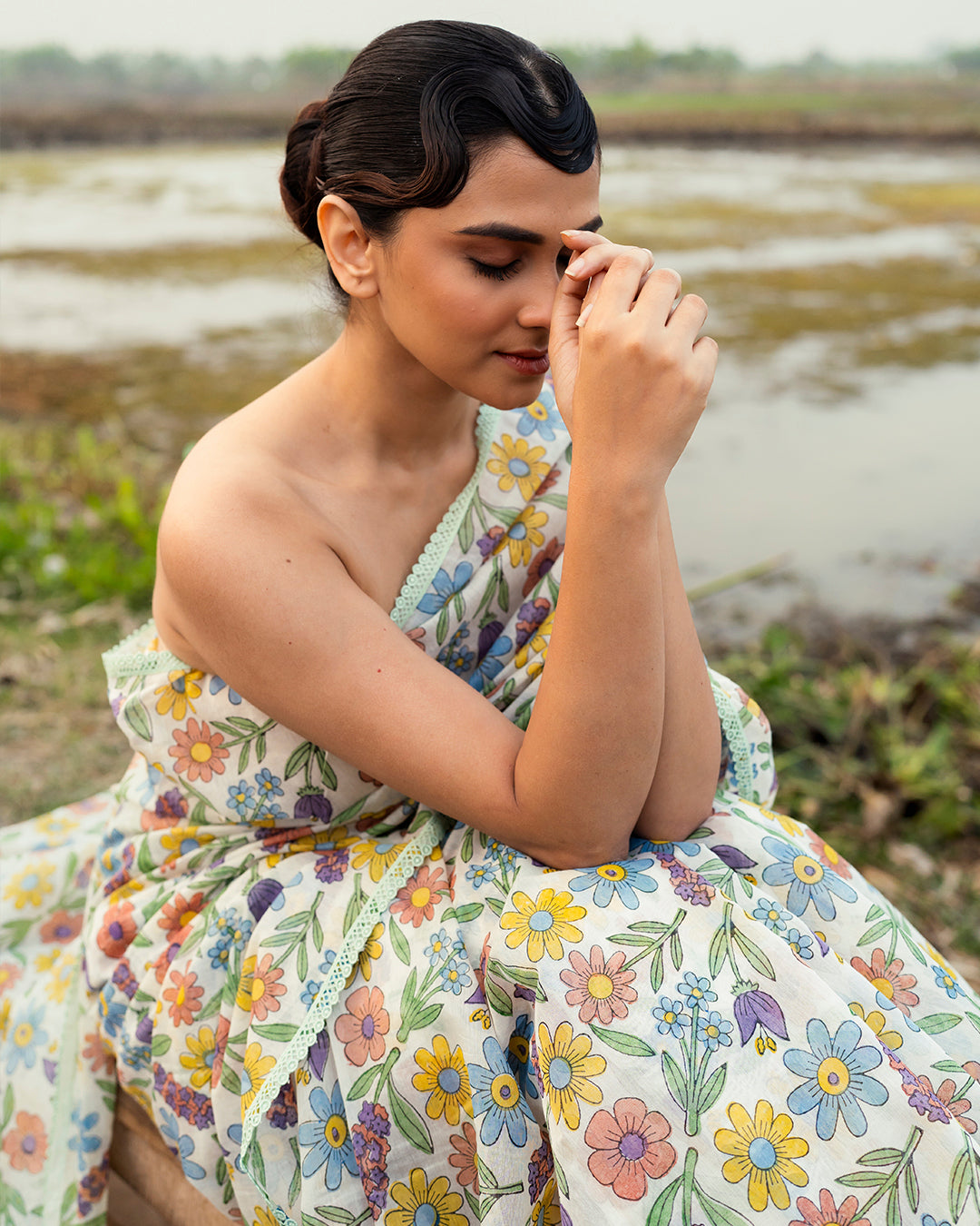 Summer Pastel Flower Block Printed Saree (Multicolour)