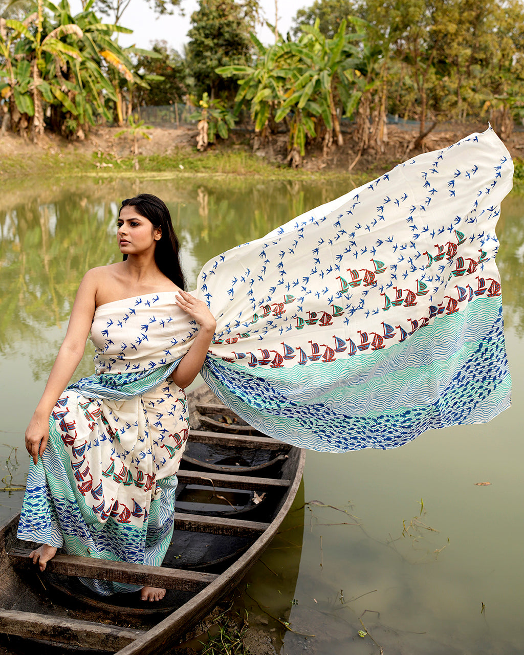 Boat and Fish Block Printed Saree Blue
