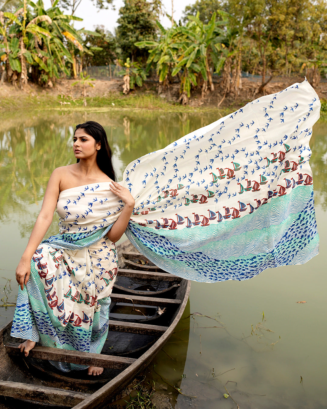 Boat and Fish Block Printed Saree Blue