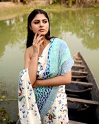 Boat and Fish Block Printed Saree Blue