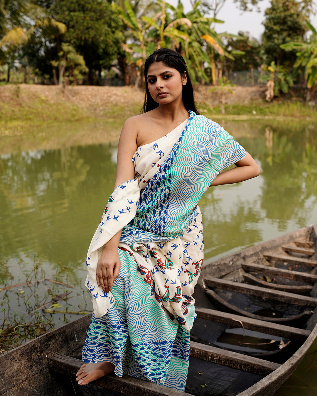 Boat and Fish Block Printed Saree Blue