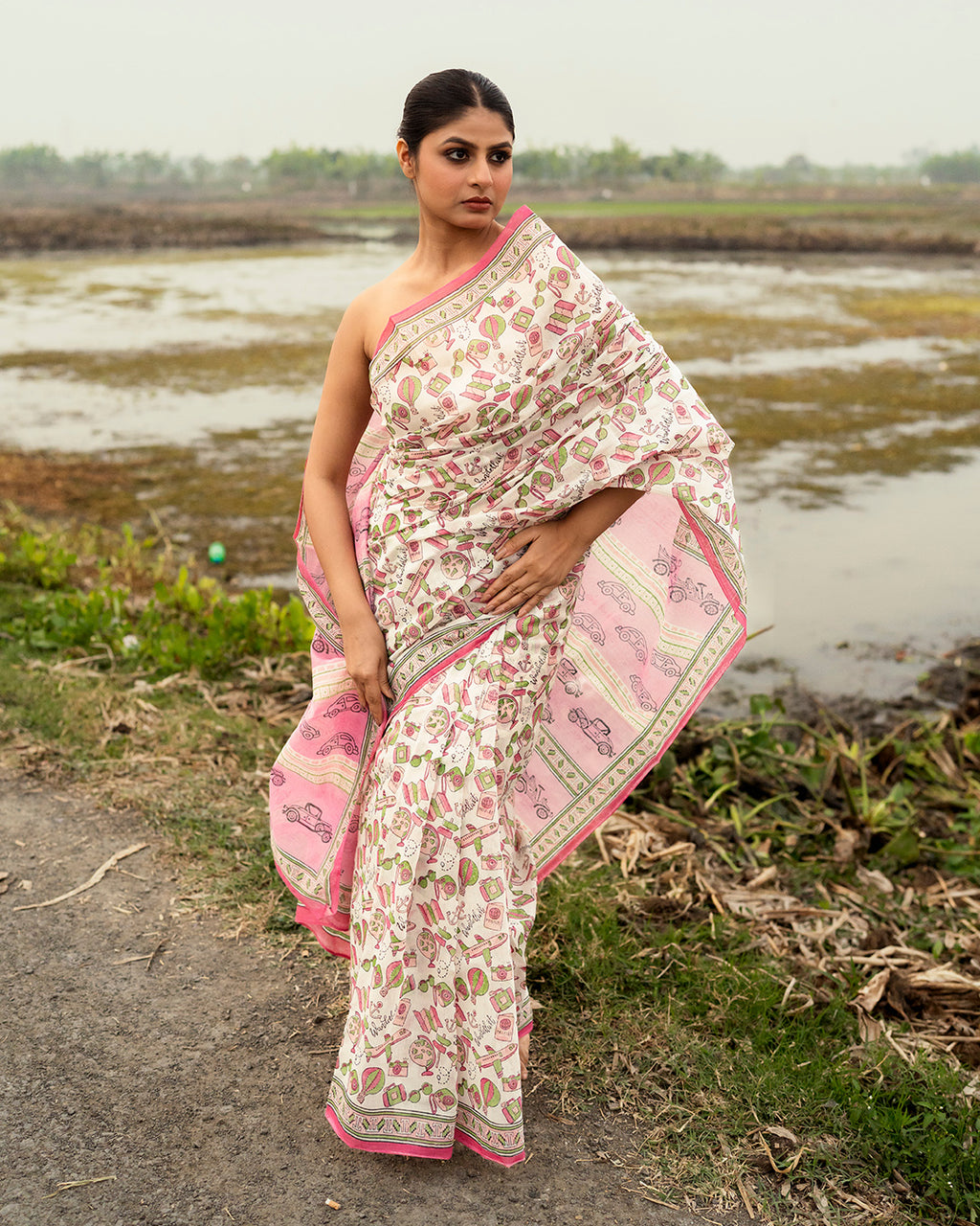 Wanderlust Motif Block Printed Saree