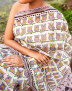 Owl Block Printed Saree (Pink)