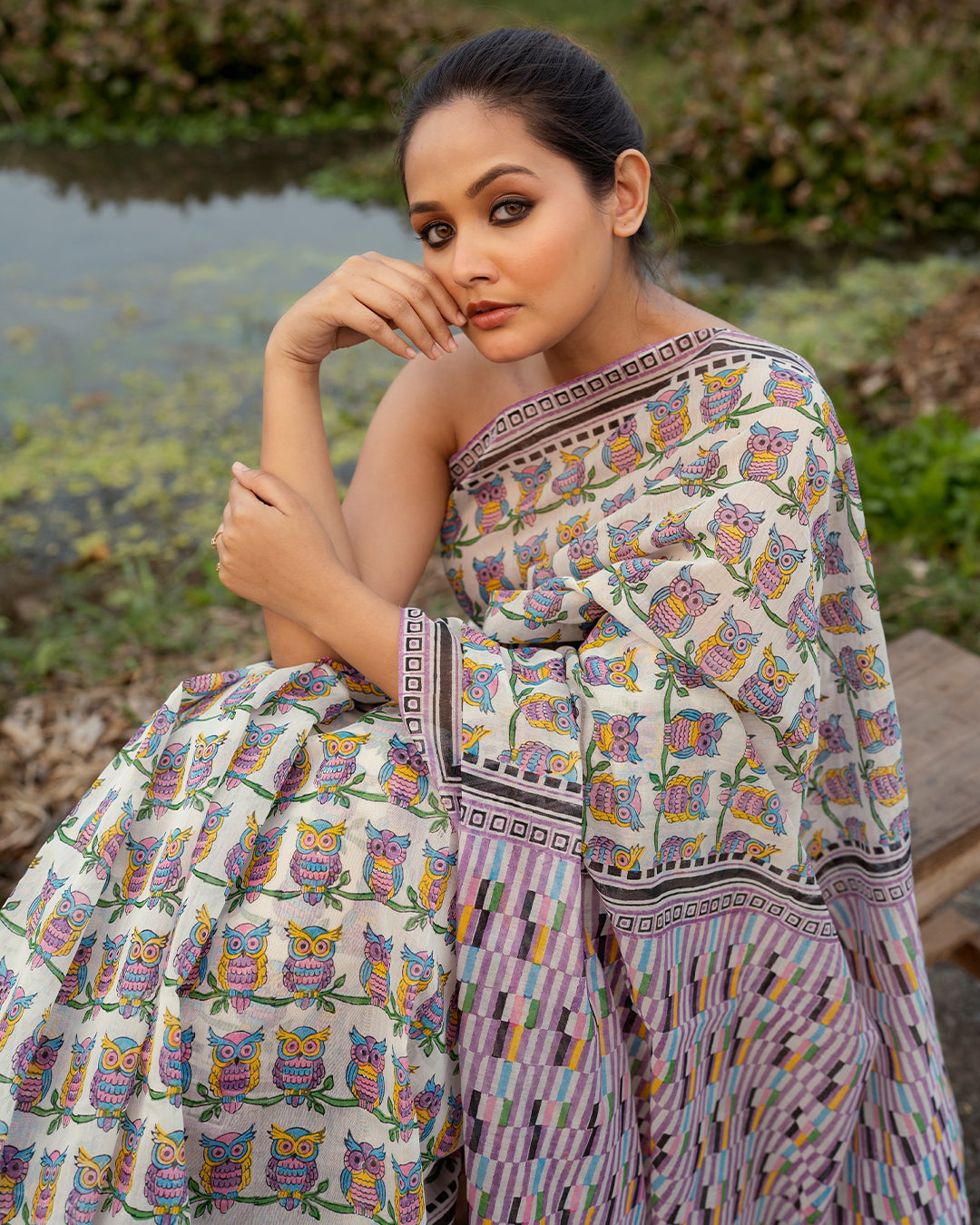 Owl Block Printed Saree (Pink)