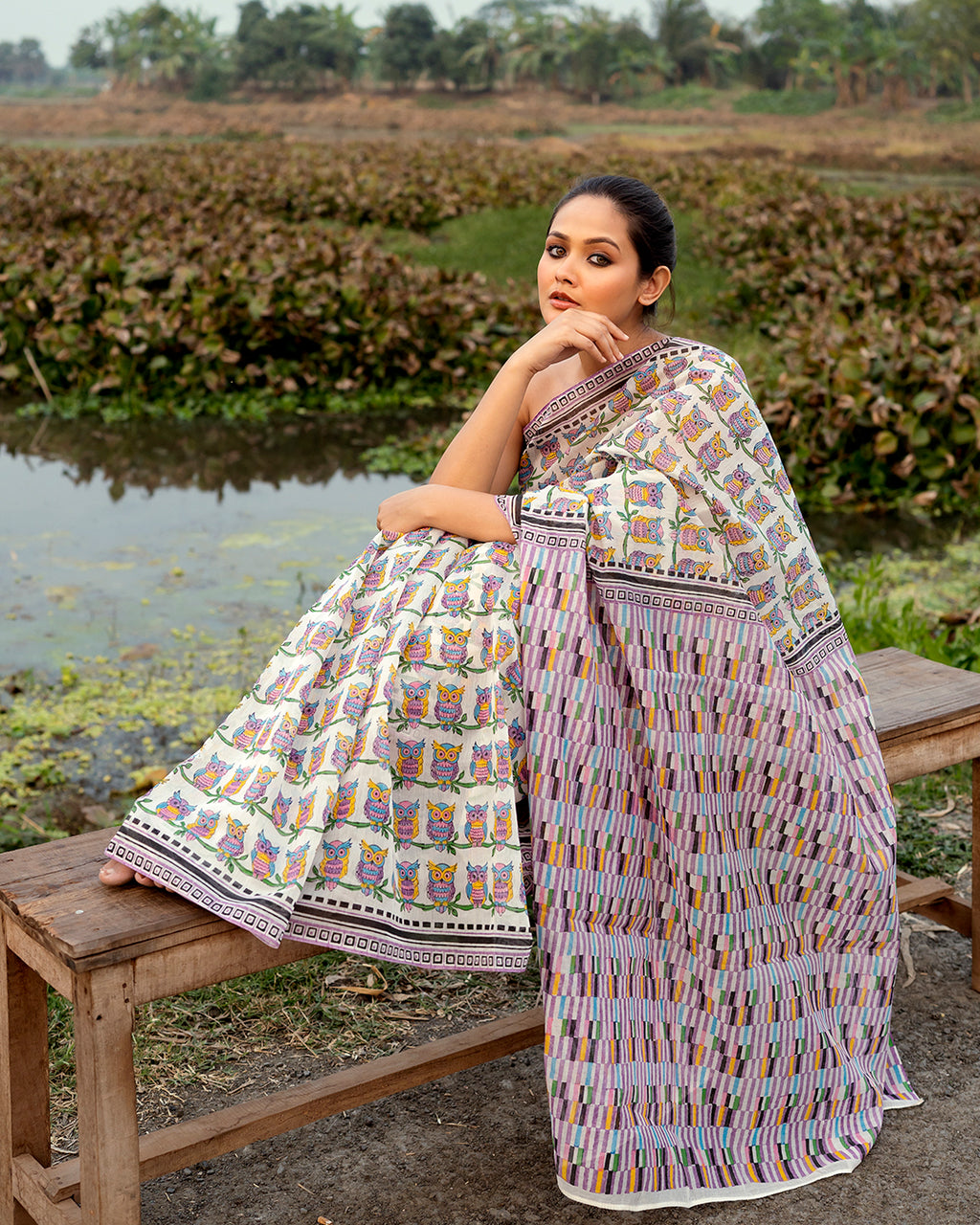 Owl Block Printed Saree (Pink)