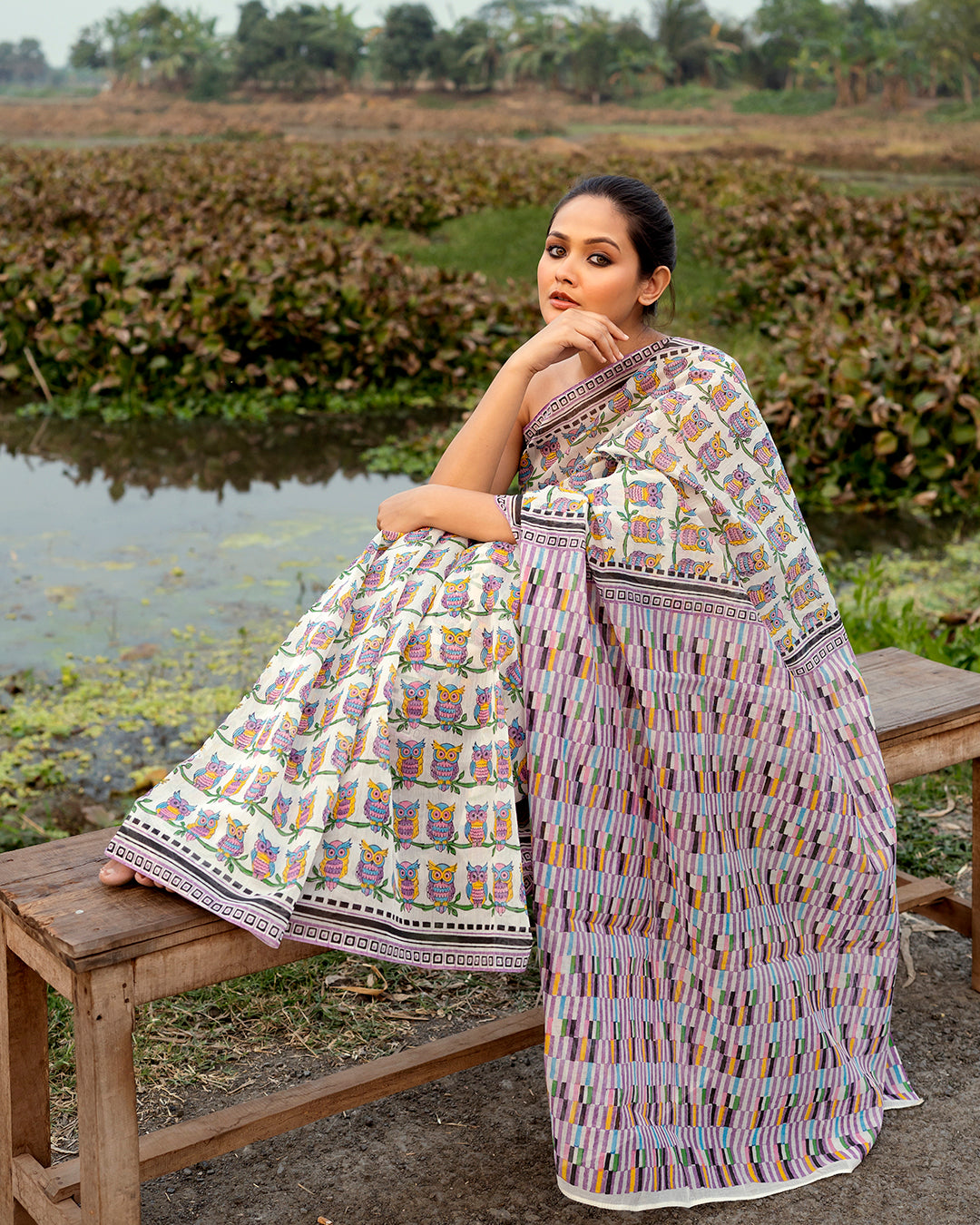 Owl Block Printed Saree (Pink)