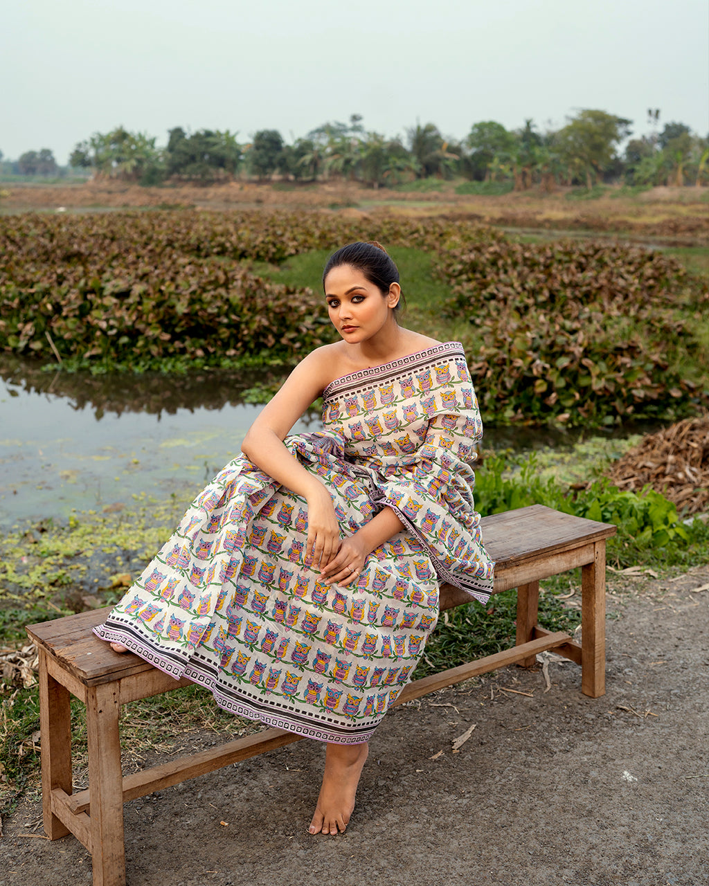 Owl Block Printed Saree (Pink)