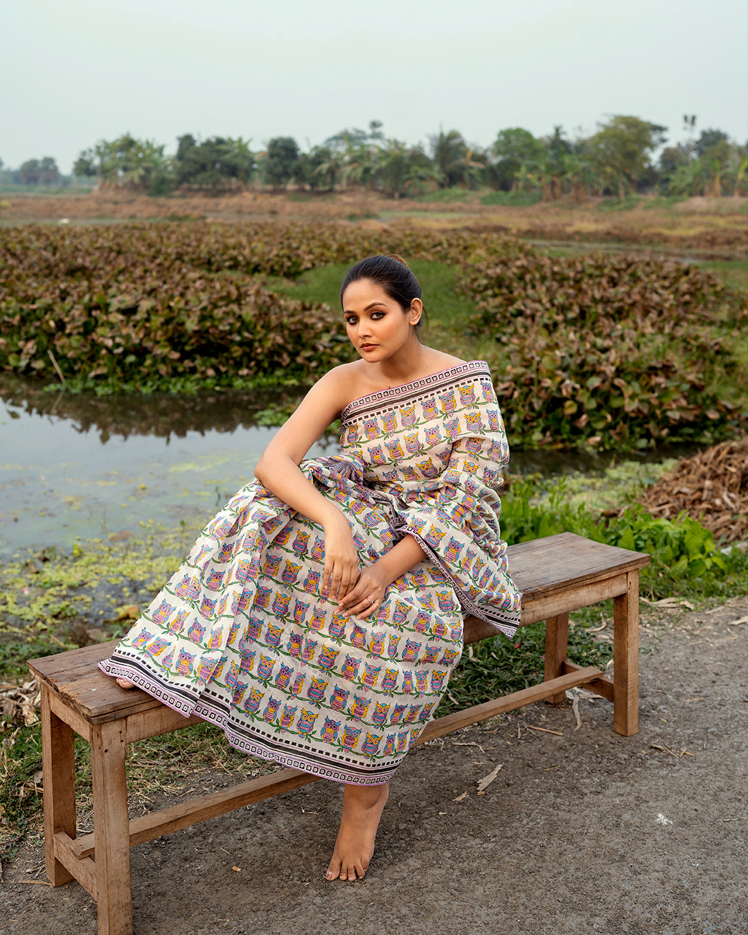 Owl Block Printed Saree (Pink)