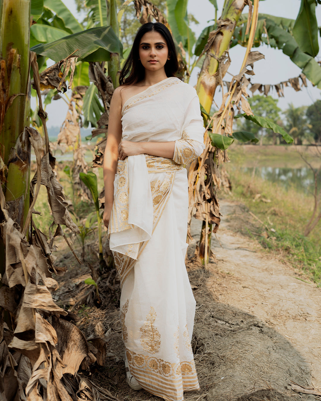 Golden Mughal Motif Block Printed and Embroidered saree