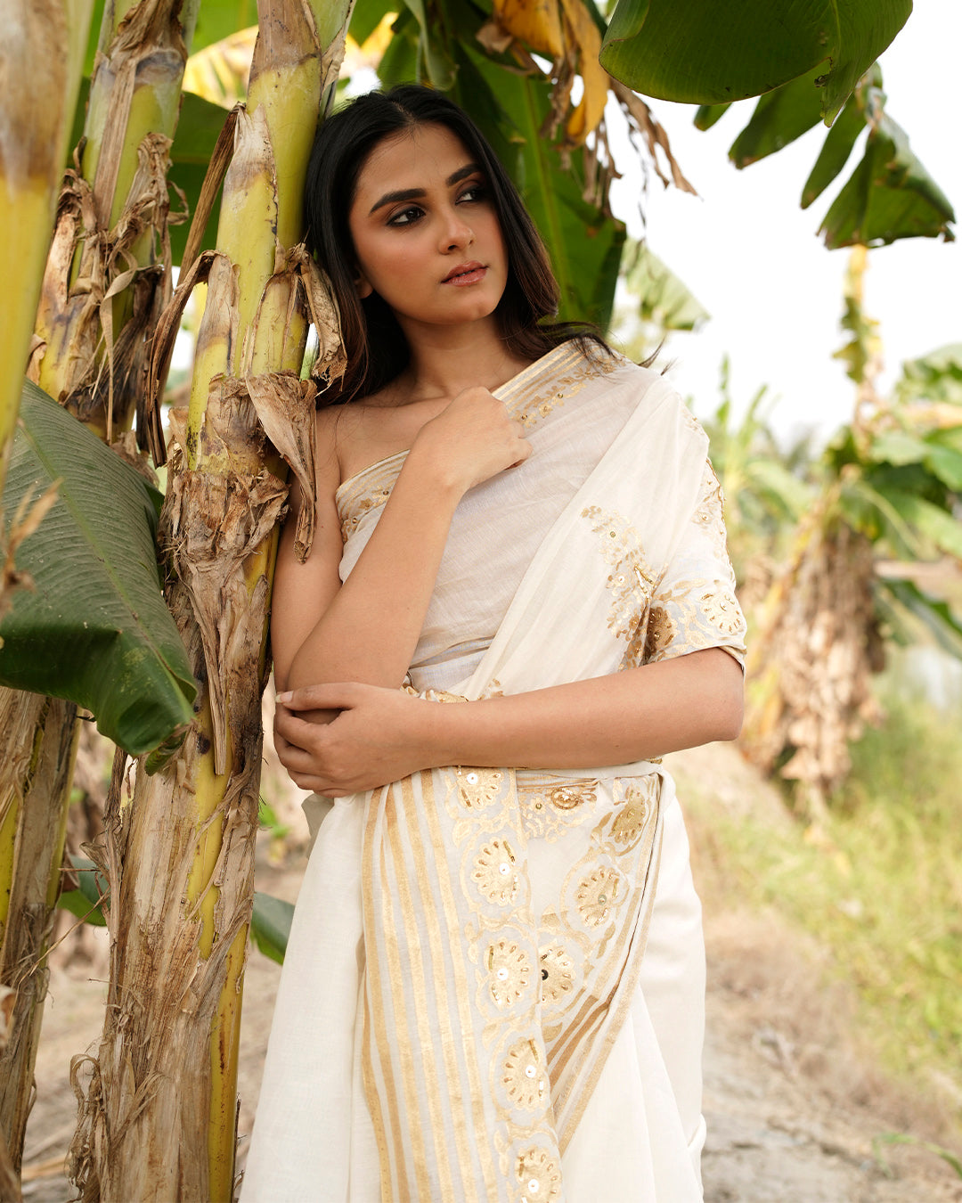 Golden Mughal Motif Block Printed and Embroidered saree
