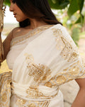 Golden Mughal Motif Block Printed and Embroidered saree