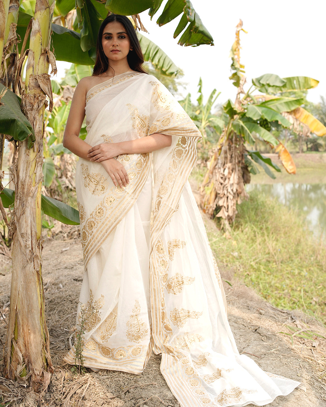 Golden Mughal Motif Block Printed and Embroidered saree